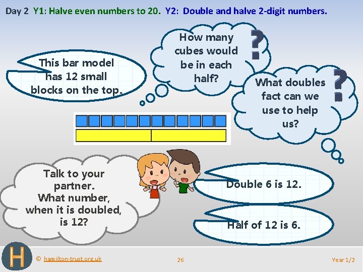 Day 2 Y 1: Halve even numbers to 20. Y 2: Double and halve
