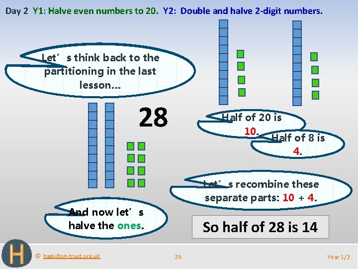 Day 2 Y 1: Halve even numbers to 20. Y 2: Double and halve