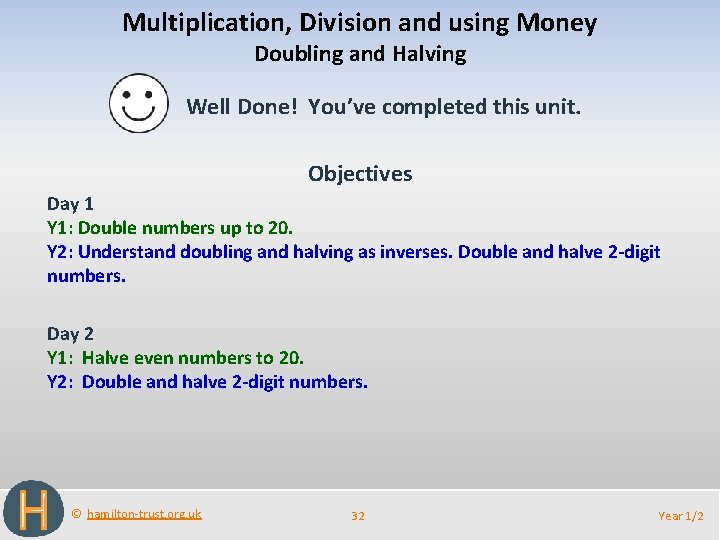 Multiplication, Division and using Money Doubling and Halving Well Done! You’ve completed this unit.