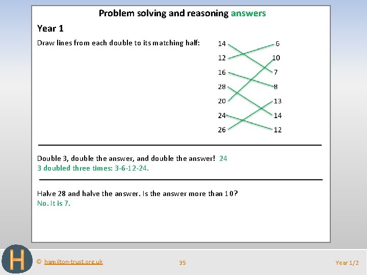 Problem solving and reasoning answers Year 1 Draw lines from each double to its