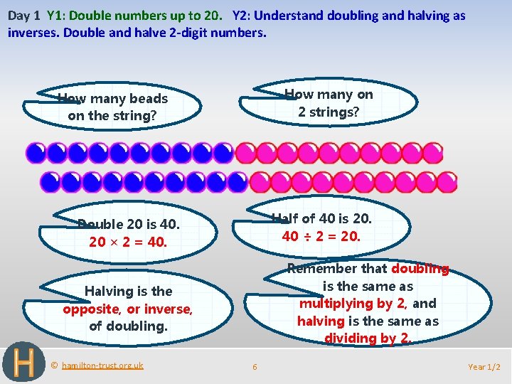 Day 1 Y 1: Double numbers up to 20. Y 2: Understand doubling and