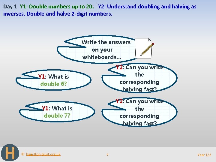 Day 1 Y 1: Double numbers up to 20. Y 2: Understand doubling and