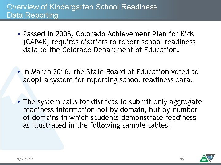 Overview of Kindergarten School Readiness Data Reporting • Passed in 2008, Colorado Achievement Plan