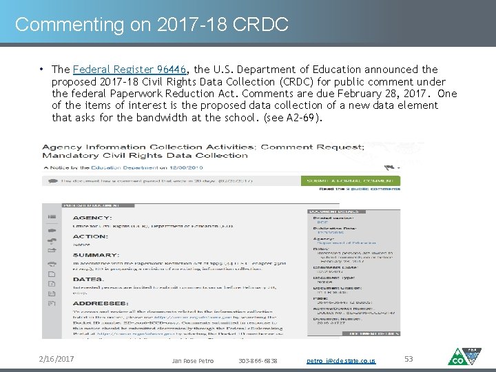 Commenting on 2017 -18 CRDC • The Federal Register 96446, the U. S. Department