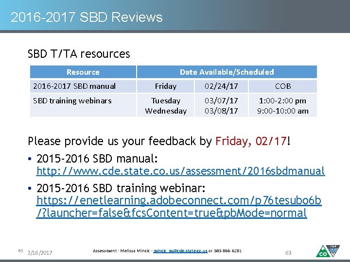 2016 -2017 SBD Reviews SBD T/TA resources Resource Date Available/Scheduled 2016 -2017 SBD manual