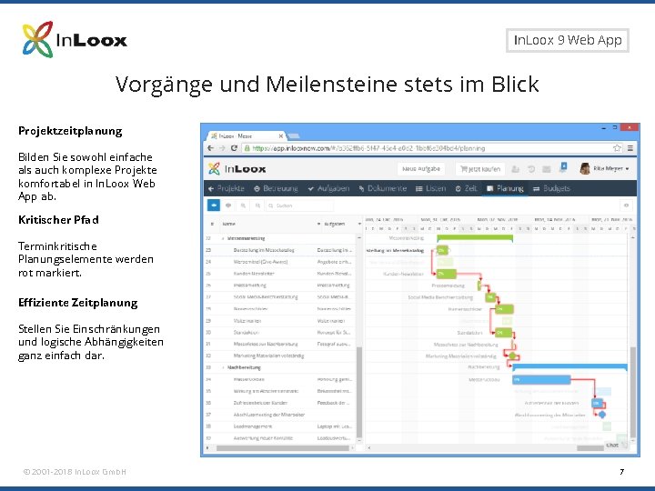 Seite 7 In. Loox 9 Web App Vorgänge und Meilensteine stets im Blick Projektzeitplanung