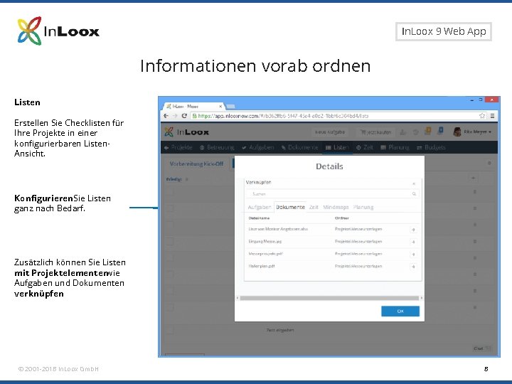 Seite 8 In. Loox 9 Web App Informationen vorab ordnen Listen Erstellen Sie Checklisten