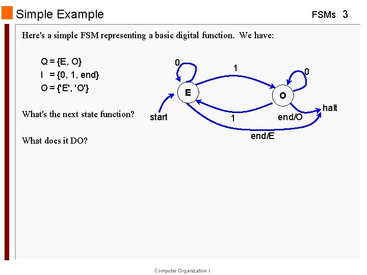 Simple Example FSMs 3 Here's a simple FSM representing a basic digital function. We