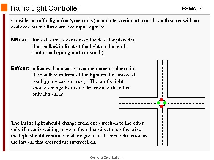 Traffic Light Controller FSMs 4 Consider a traffic light (red/green only) at an intersection