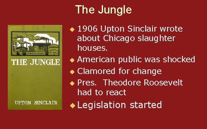 The Jungle 1906 Upton Sinclair wrote about Chicago slaughter houses. u American public was