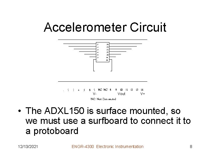 Accelerometer Circuit V- Vout V+ • The ADXL 150 is surface mounted, so we