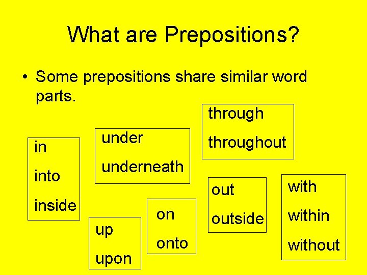 What are Prepositions? • Some prepositions share similar word parts. through under throughout in