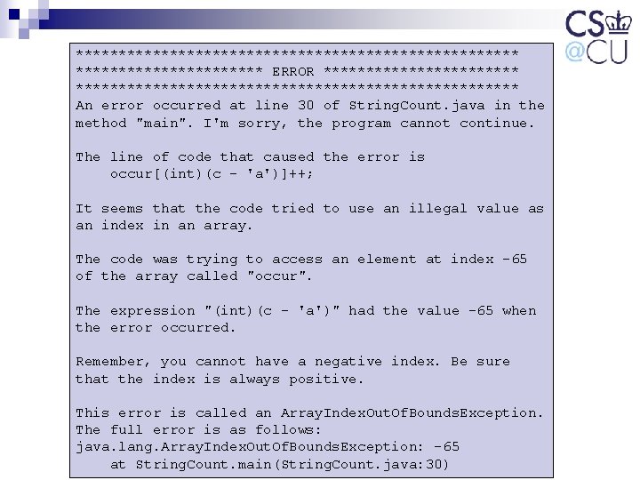 ************************** ERROR ************************************** An error occurred at line 30 of String. Count. java in ************************** ERROR ************************************** An error occurred at line 30 of String. Count. java in