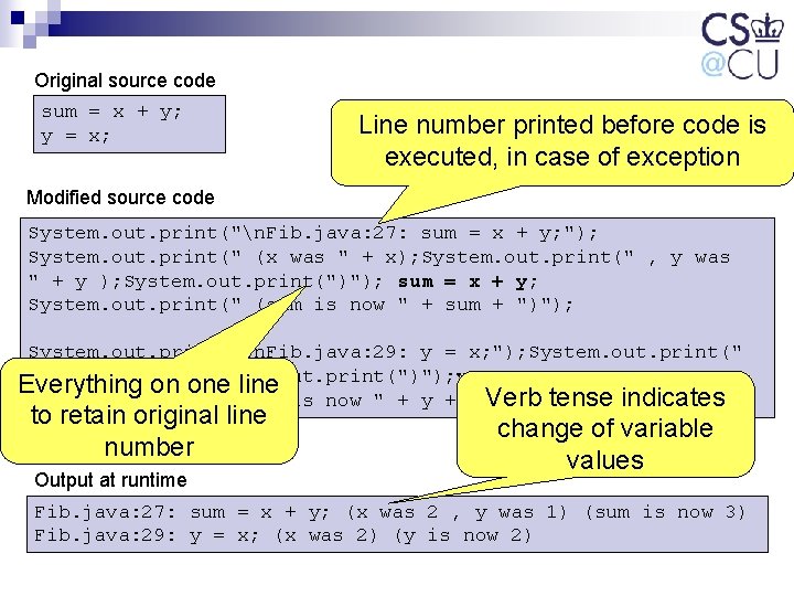 Original source code sum = x + y; y = x; Line number printed Original source code sum = x + y; y = x; Line number printed