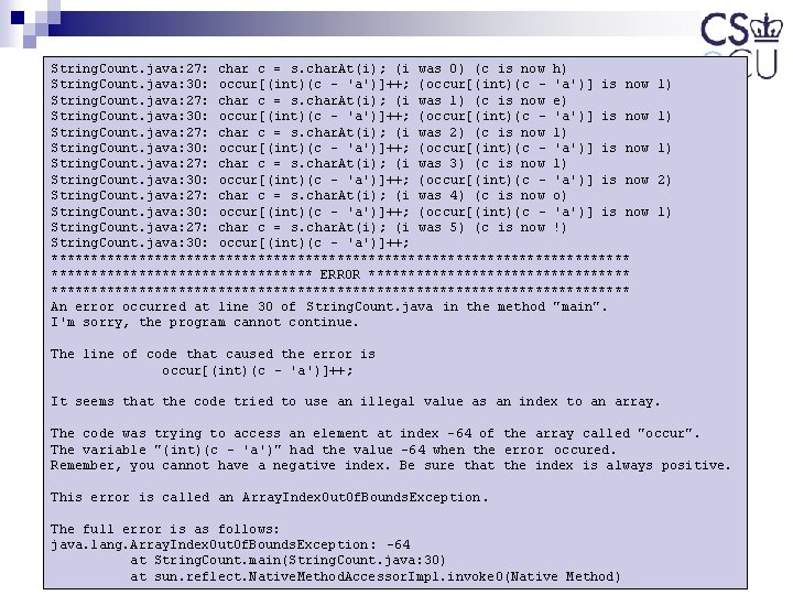 String. Count. java: 27: char c = s. char. At(i); (i was 0) (c String. Count. java: 27: char c = s. char. At(i); (i was 0) (c