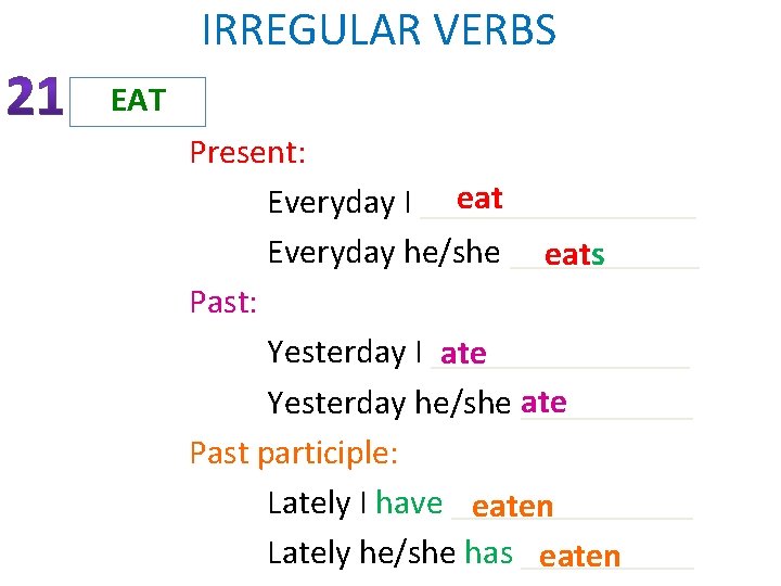 IRREGULAR VERBS EAT Present: eat Everyday I ________ Everyday he/she ______ eats Past: Yesterday