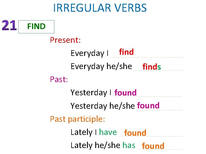 IRREGULAR VERBS FIND Present: find Everyday I ________ Everyday he/she ______ finds Past: Yesterday