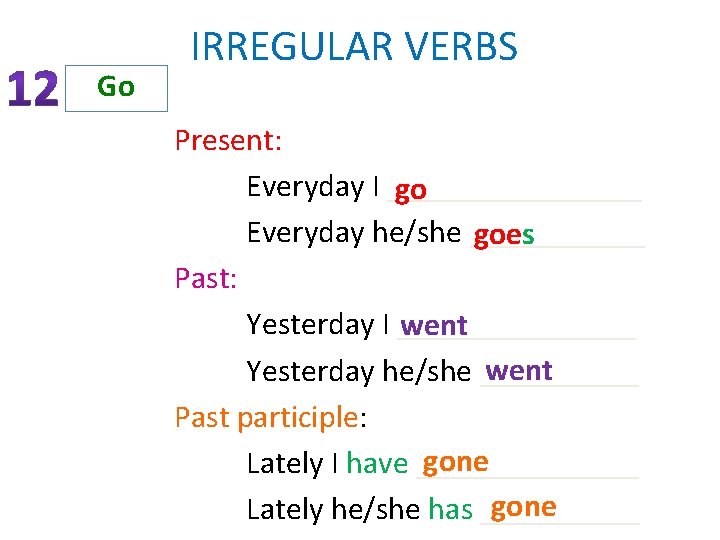 Go IRREGULAR VERBS Present: Everyday I ________ go Everyday he/she ______ goes Past: Yesterday