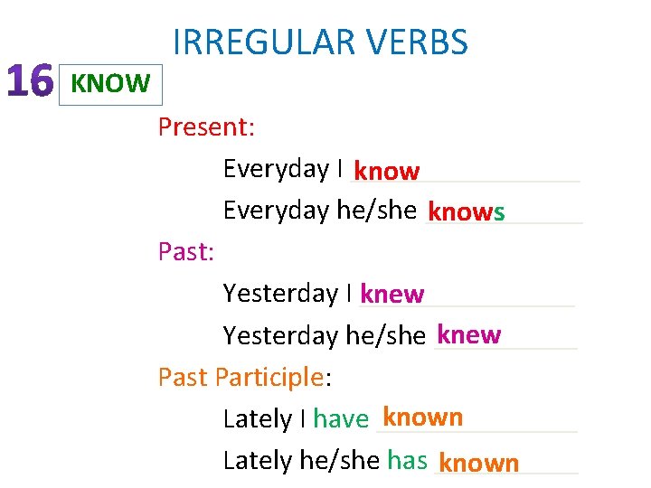 IRREGULAR VERBS KNOW Present: Everyday I ________ know Everyday he/she ______ knows Past: Yesterday