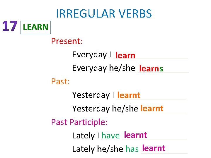 IRREGULAR VERBS LEARN Present: Everyday I ________ learn Everyday he/she ______ learns Past: Yesterday