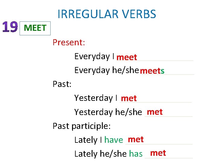 IRREGULAR VERBS MEET Present: Everyday I meet ________ Everyday he/she meets ______ Past: Yesterday