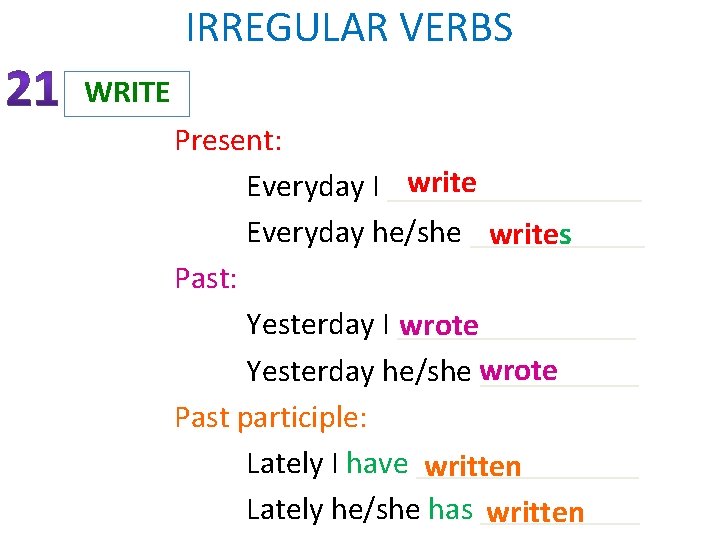 IRREGULAR VERBS WRITE Present: write Everyday I ________ Everyday he/she ______ writes Past: Yesterday