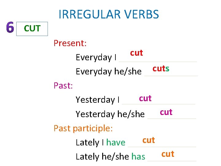 IRREGULAR VERBS CUT Present: cut Everyday I ________ cuts Everyday he/she ______ Past: cut