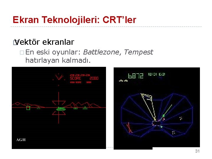 Ekran Teknolojileri: CRT’ler � Vektör ekranlar � En eski oyunlar: Battlezone, Tempest hatırlayan kalmadı.