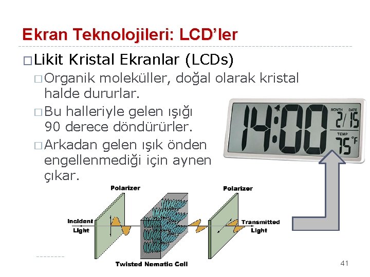 Ekran Teknolojileri: LCD’ler �Likit Kristal Ekranlar (LCDs) � Organik moleküller, doğal olarak kristal halde
