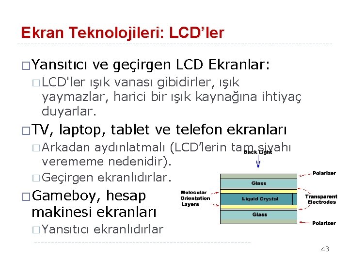 Ekran Teknolojileri: LCD’ler �Yansıtıcı ve geçirgen LCD Ekranlar: � LCD'ler ışık vanası gibidirler, ışık