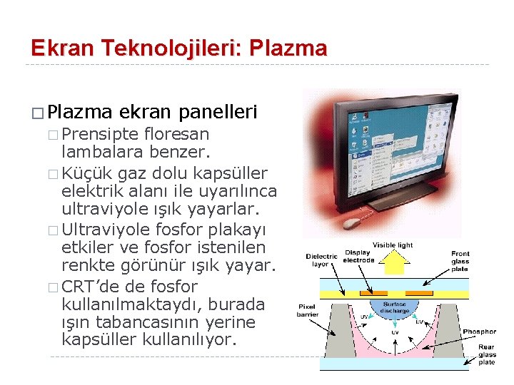 Ekran Teknolojileri: Plazma � Plazma ekran panelleri � Prensipte floresan lambalara benzer. � Küçük