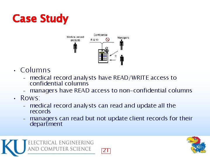Case Study • Columns • Rows: medical record analysts have READ/WRITE access to confidential