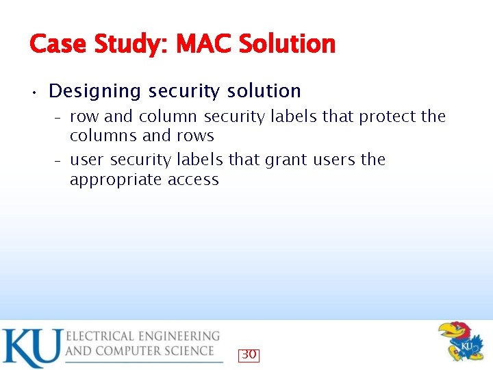 Case Study: MAC Solution • Designing security solution row and column security labels that