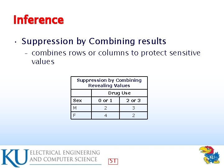 Inference • Suppression by Combining results – combines rows or columns to protect sensitive