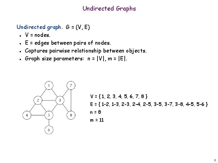 Undirected Graphs Undirected graph. G = (V, E) V = nodes. E = edges