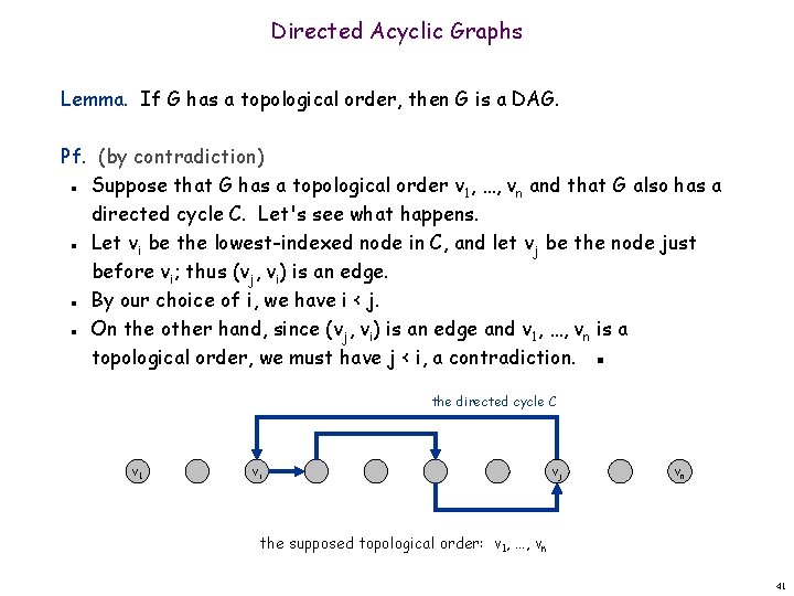 Directed Acyclic Graphs Lemma. If G has a topological order, then G is a
