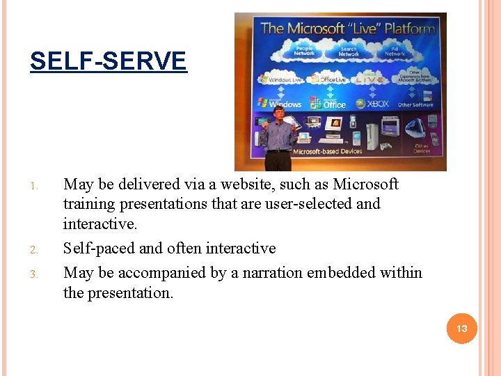 SELF-SERVE 1. 2. 3. May be delivered via a website, such as Microsoft training