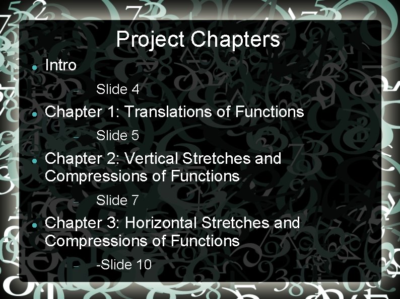 Project Chapters Intro Chapter 1: Translations of Functions Slide 5 Chapter 2: Vertical Stretches
