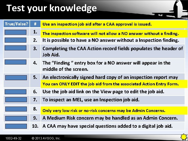 Test your knowledge True/False? # POSSIBLE ANSWERjob aid after a CAA approval is issued.