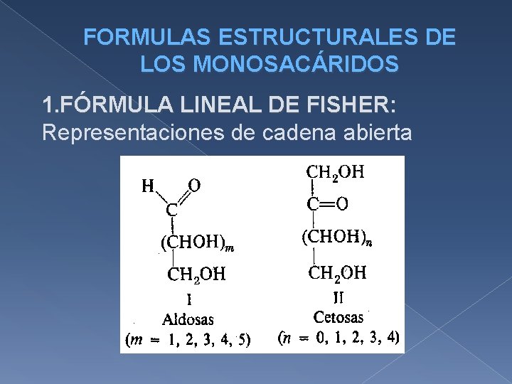 FORMULAS ESTRUCTURALES DE LOS MONOSACÁRIDOS 1. FÓRMULA LINEAL DE FISHER: Representaciones de cadena abierta