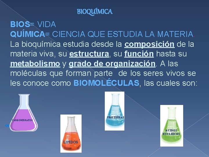 BIOQUÍMICA BIOS= VIDA QUÍMICA= CIENCIA QUE ESTUDIA LA MATERIA. La bioquímica estudia desde la