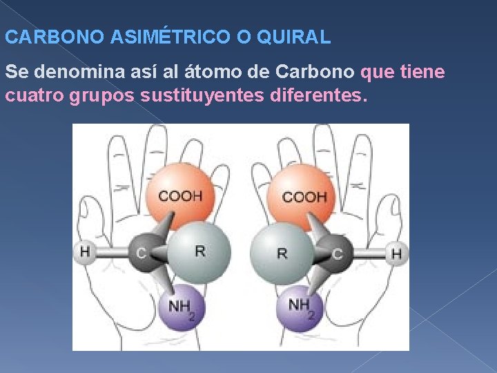 CARBONO ASIMÉTRICO O QUIRAL Se denomina así al átomo de Carbono que tiene cuatro
