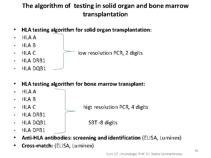 The algorithm of testing in solid organ and bone marrow transplantation • - HLA