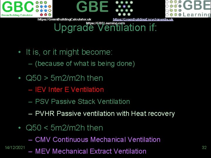 https: //Green. Building. Calculator. uk https: //Green. Building. Encyclopaedia. uk https: //GBELearning. com Upgrade