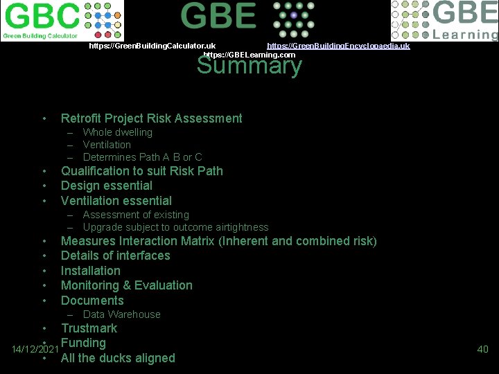 https: //Green. Building. Calculator. uk https: //Green. Building. Encyclopaedia. uk https: //GBELearning. com Summary