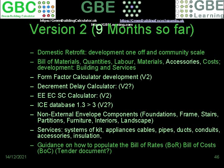 https: //Green. Building. Calculator. uk https: //Green. Building. Encyclopaedia. uk https: //GBELearning. com Version