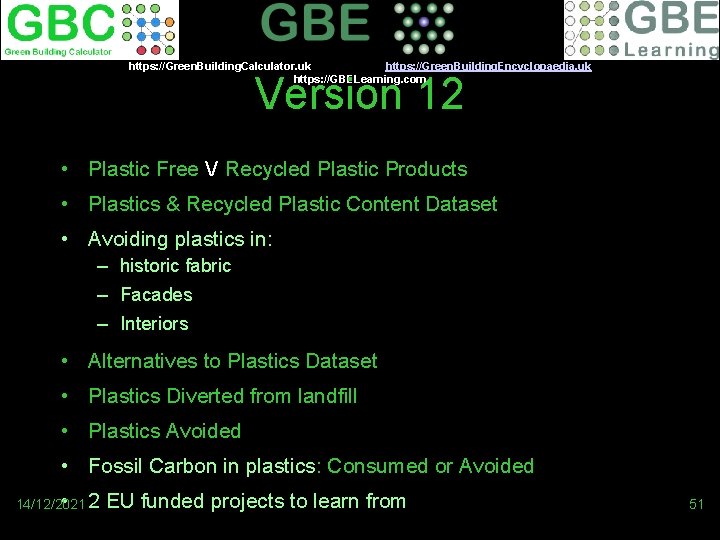 https: //Green. Building. Calculator. uk https: //Green. Building. Encyclopaedia. uk https: //GBELearning. com Version