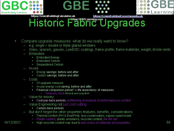 https: //Green. Building. Calculator. uk https: //Green. Building. Encyclopaedia. uk https: //GBELearning. com Historic