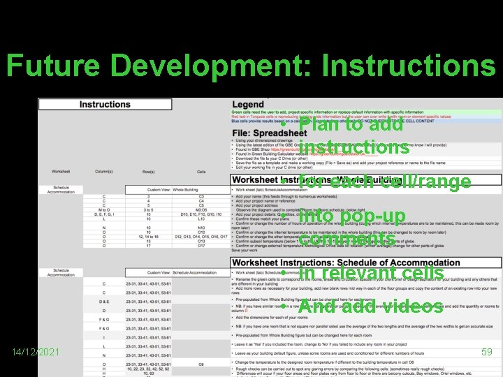 Future Development: Instructions • Plan to add instructions • for each cell/range • into