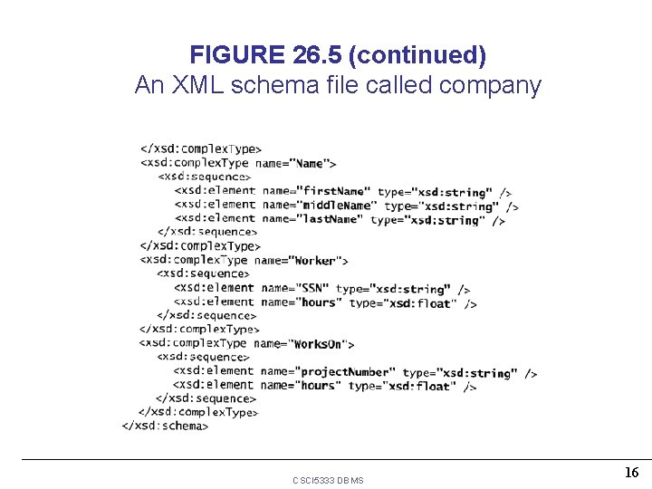 FIGURE 26. 5 (continued) An XML schema file called company CSCI 5333 DBMS 16 FIGURE 26. 5 (continued) An XML schema file called company CSCI 5333 DBMS 16